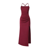 Cross back lace up high slit cami maxi dress