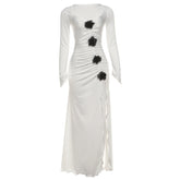 Long sleeve ruched flower applique slit maxi dress
