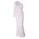 Long sleeve one shoulder hollow out ruched cut out maxi dress