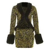 Leopard print fluffy long sleeve mini skirt set