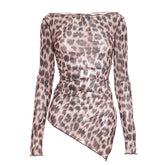 Leopard print irregular long sleeve mesh top