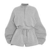 Long sleeve zip-up drawstring short pant set