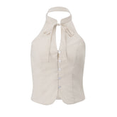 Halter smocked button backless top