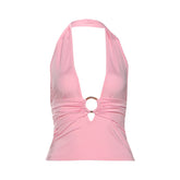 Halter v neck o ring ruched backless top