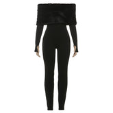 Off shoulder long sleeve fluffy jumpsuit
