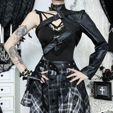 Long sleeve buckle PU leather top