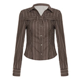 Turnover collar long sleeve striped print button top