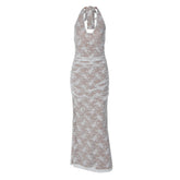 V neck halter self tie slit backless maxi dress