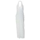 Halter v neck ruched backless mesh maxi dress