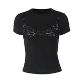 Short sleeve crewneck lace patchwork top