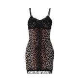Leopard print v neck lace hem cami mini dress