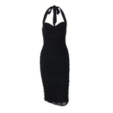 Ruched self tie ruched backless midi dress