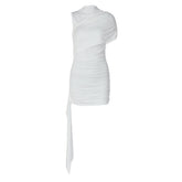 Ruched one shoulder solid high neck mini dress
