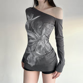 One shoulder long irregular sleeve flower print top