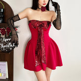 Bowknot glitter ruched tube mini dress