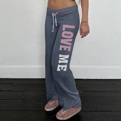 Drawstring letter pattern low rise straight leg pant