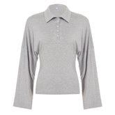 Long sleeve turnover collar button solid top