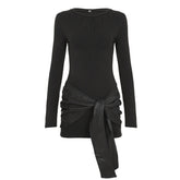 Crewneck long sleeve PU leather solid mini dress