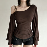 Long sleeve o ring beaded ruched irregular top