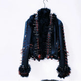 Long sleeve PU leather rivet fluffy coat top