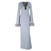 Hollow out slit long sleeve fluffy glitter cut out maxi dress