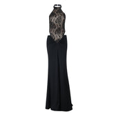 Halter button lace ruched backless maxi dress