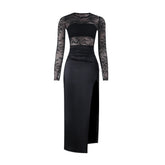 Crewneck lace long sleeve slit irregular maxi dress