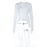 Self tie v neck long sleeve lace hem solid top