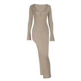 V neck long sleeve slit irregular maxi dress