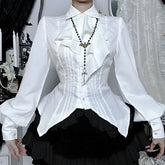 Long sleeve turnover collar button self tie top