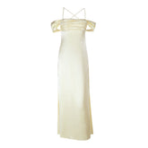 Cross back satin square neck off shoulder maxi dress