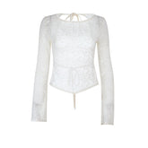 Long sleeve round neck self tie backless lace top