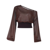 Long sleeve irregular see through one shoulder top