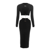 Long sleeve crewneck metal tag maxi skirt set