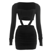 Long sleeve ruched hollow out cut out mini dress