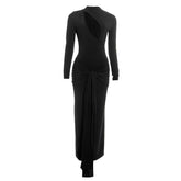 Long sleeve hollow out ruched zip-up cut out maxi dress