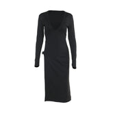 V neck long sleeve high slit o ring midi dress