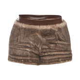 Fluffy PU leather patchwork zip-up short pant