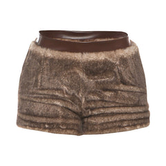 Fluffy PU leather patchwork zip-up short pant