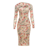 Long sleeve flower print ruched midi dress