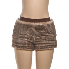 Fluffy PU leather patchwork zip-up short pant