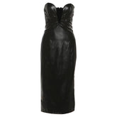 PU leather v neck low cut midi dress