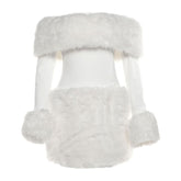 Off shoulder long sleeve fluffy mini dress