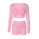 Long sleeve ruched v neck solid short pant set