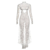 High neck long sleeve hollow out lace see through cut out maxi dress