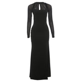 Long sleeve hollow out mesh high slit cut out maxi dress