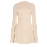 Long flared sleeve crewneck solid mini dress