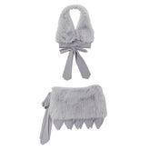Halter fluffy v neck self tie backless mini skirt set