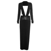 Long sleeve deep v neck hollow out slit cut out maxi dress