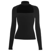 Long sleeve crewneck hollow out solid cut out top